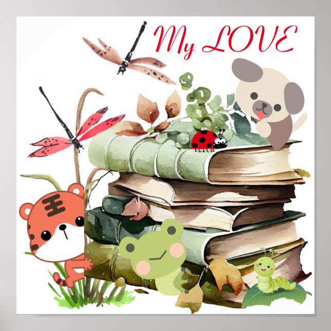 Cute animals on pile of books Poster Paper (Matte) (Front)