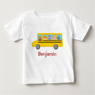 Cute Animals on the School Bus   Personalized Name Baby T-Shirt