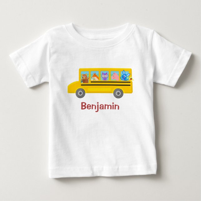 Cute Animals on the School Bus | Personalized Name Baby T-Shirt (Front)