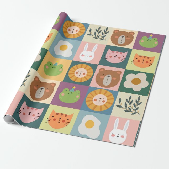 Cute Animals Patchwork Wrapping Paper (Unrolled)