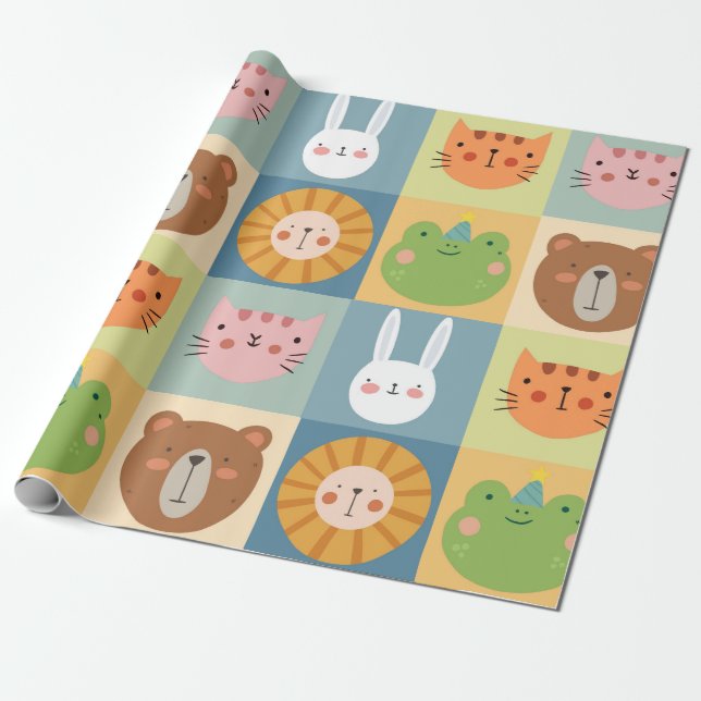 Cute Animals Patchwork Wrapping Paper (Unrolled)
