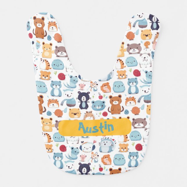 Cute Animals Pattern 6 I Custom Name Baby Bib (Front)