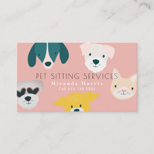 Cute Animals Pet Sitter Dog Walker Pink Business Card