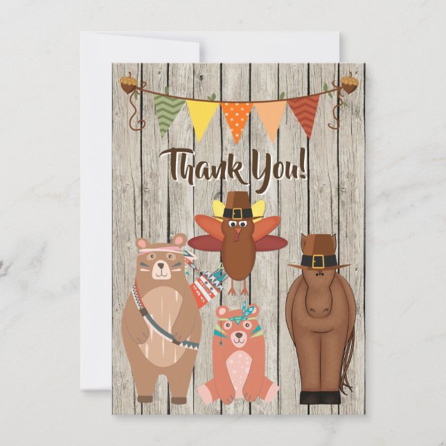 Cute Animals, Pilgrims Indians Thanksgiving Flat Thank You Card (Front)
