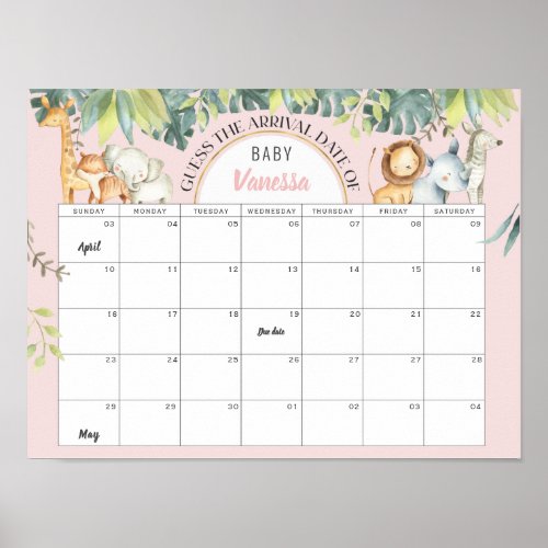 Cute animals pink jungle girl baby shower game poster