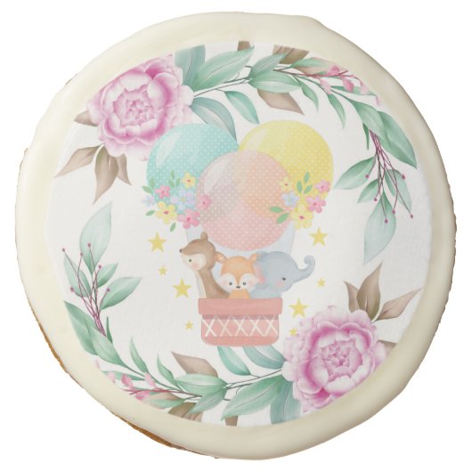 Cute Animals Pink Peony Baby Shower Sugar Cook Sugar Cookie (Front)