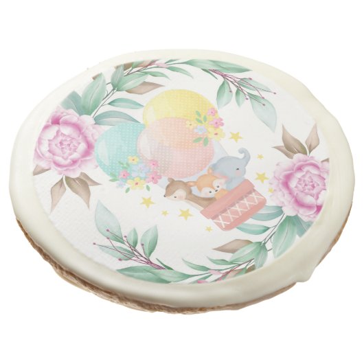 Cute Animals Pink Peony Baby Shower Sugar Cook Sugar Cookie (Angled)