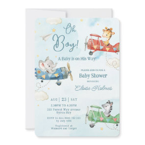 Cute Animals Plane Adventure Oh Boy Baby Shower Invitation