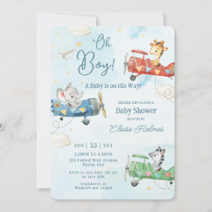 Cute Animals Plane Adventure Oh Boy Baby Shower Invitation