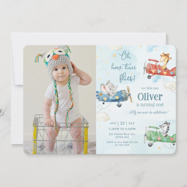 Cute Animals Plane Adventure Time Flies Birthday Invitation (Front)