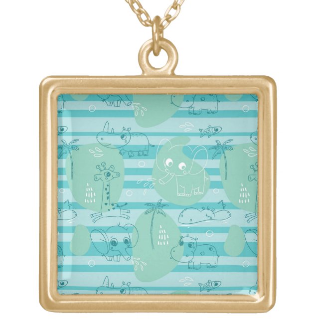 Cute animals playing with water 1 gold plated necklace (Front)