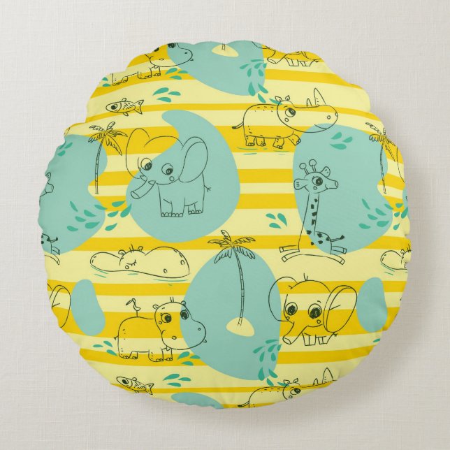 Cute animals playing with water 2 round pillow (Front)