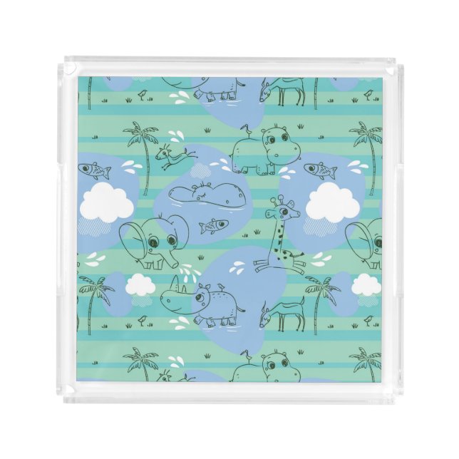 Cute animals playing with water 3 acrylic tray (Front)