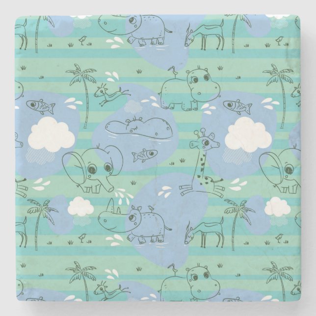 Cute animals playing with water 3 stone coaster (Front)
