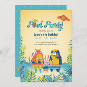Cute Animals Pool Party Birthday Invitation