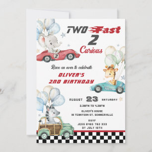 Cute Animals Race Cars 2nd Birthday Two Fast Invitation