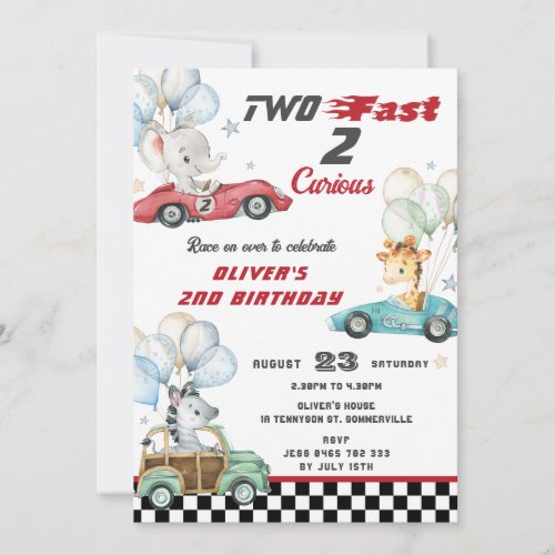 Cute Animals Race Cars 2nd Birthday Two Fast Invitation