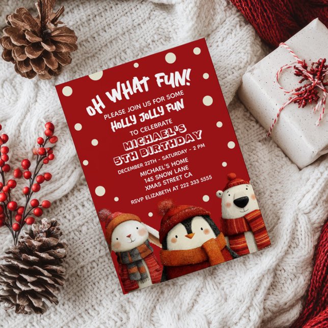 Cute Animals Red Festive Xmas Kids' Birthday Party Invitation (Creator Uploaded)