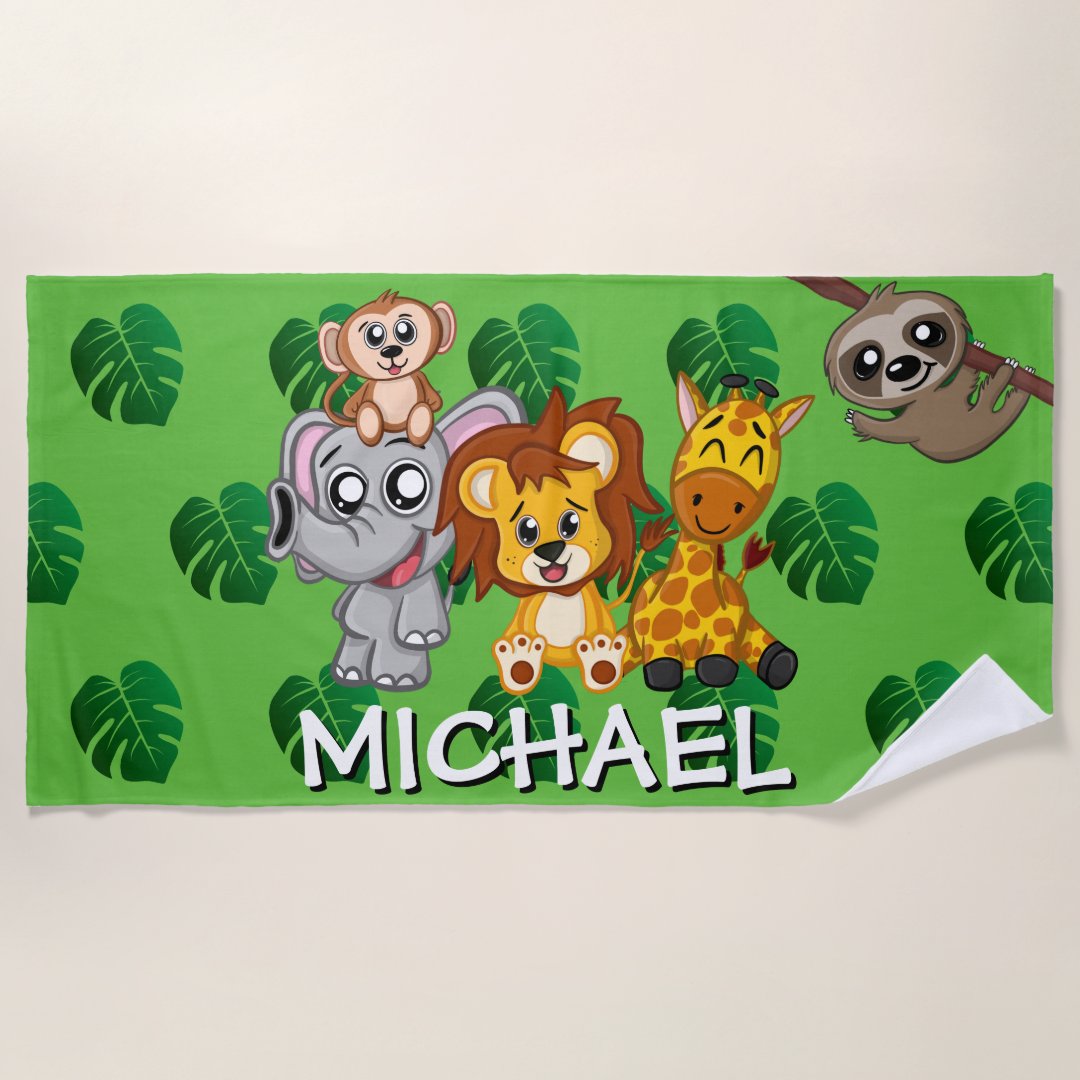 Cute Animals Safari Green Cartoon Jungle Name Beach Towel Zazzle