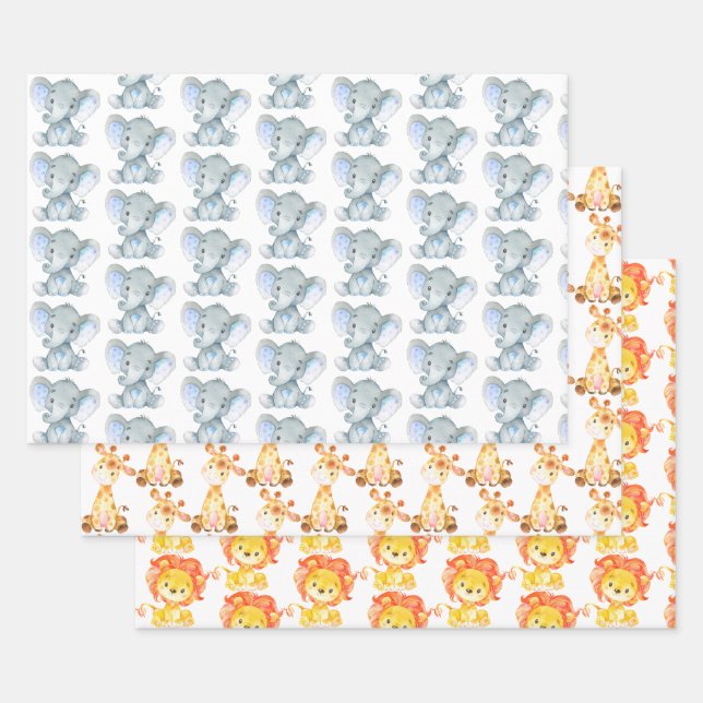 Cute Animals Safari Jungle Elephant Giraffe Lion Wrapping Paper Sheets (Set)