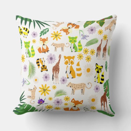 Cute animals Safari nursery zoo jungle white green Throw Pillow