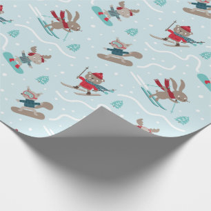 Cute Animals Skiing and Snowboarding on blue Wrapping Paper