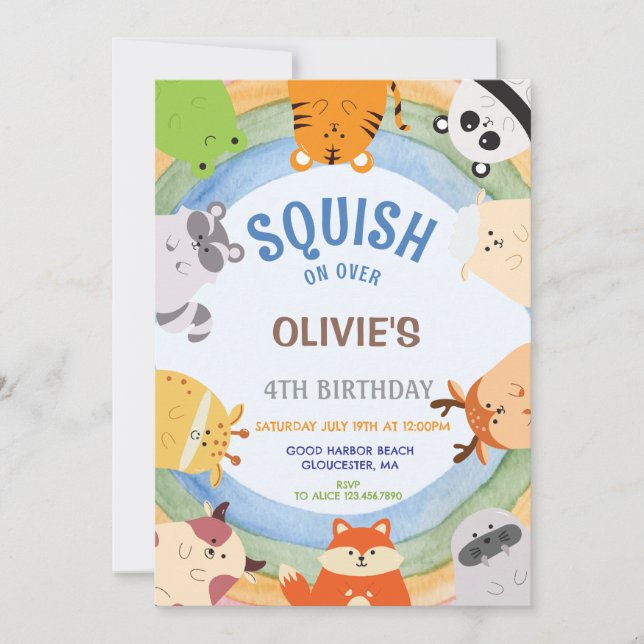 Cute animals Squish Boy Birthday  Invitation (Front)