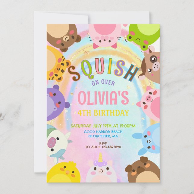 Cute Animals Squish On Over rainbow  Birthday  Invitation (Front)