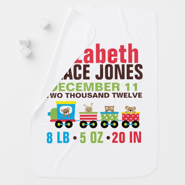 Cute Animals Toy Train Birth Announcement Receiving Blanket (In Situ)