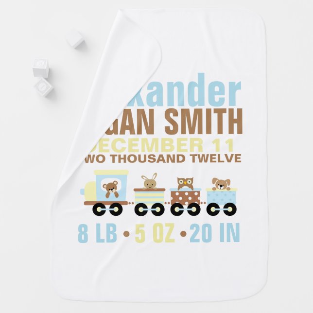 Cute Animals Toy Train Birth Announcement Receiving Blanket (In Situ)