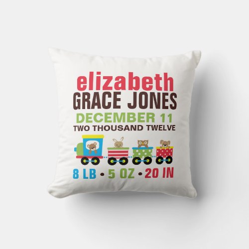 Cute Animals Toy Train Birth Announcement Throw Pillow