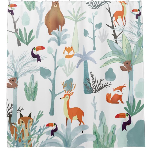 Cute animals: tropical forest doodle. shower curtain (Front)