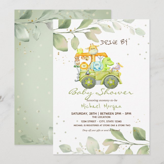 Cute Animals Truck Drive By Baby Shower Invitation (Front/Back)