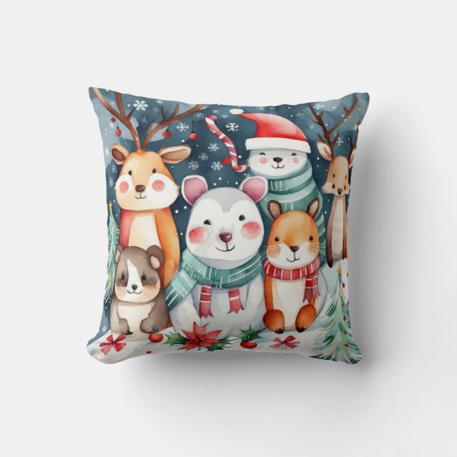 Cute animals under the Christmas tree design Throw Pillow (Front)