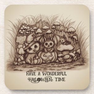 Cute Animals waiting for Halloween Beverage Coaster