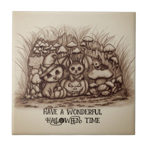 Cute Animals waiting for Halloween Ceramic Tile
