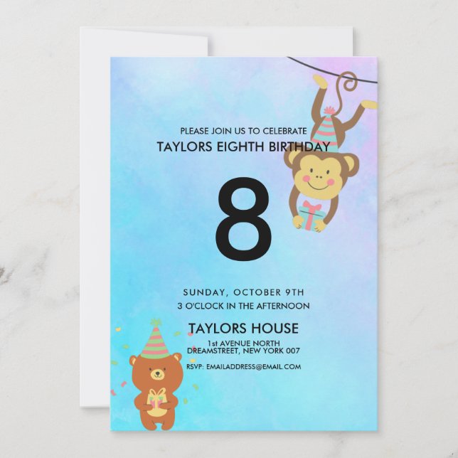 Cute Animals Watercolor Custom Birthday Party Invitation (Front)