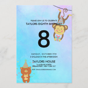Cute Animals Watercolor Custom Birthday Party Invitation