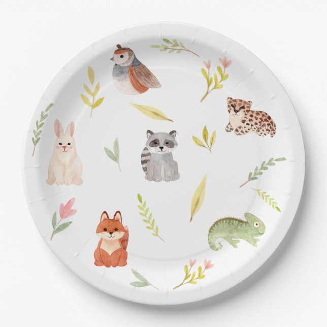 Cute Animals Watercolor Kids Paper Plates (Front)