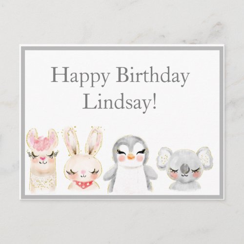 Cute Animals Watercolor Typography Birthday Postcard