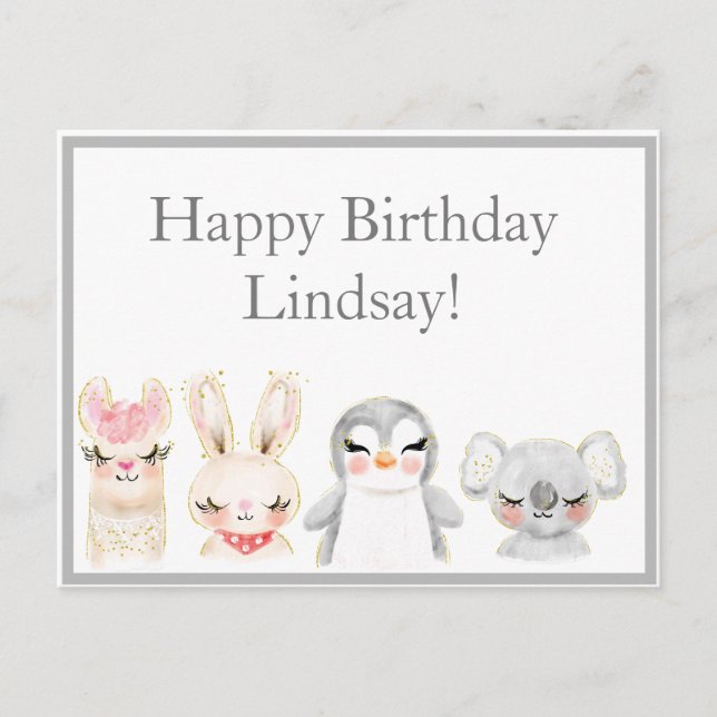 Cute Animals Watercolor Typography Birthday Postcard (Front)