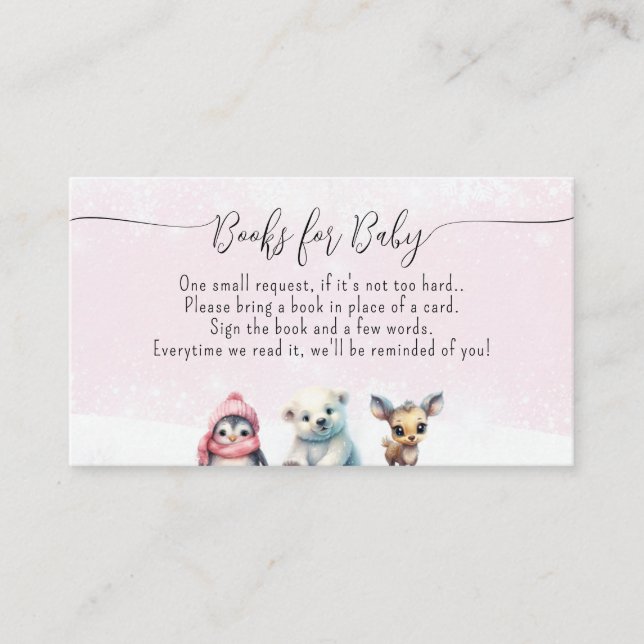 Cute Animals Winter Baby Girl Shower Book Request Enclosure Card (Front)