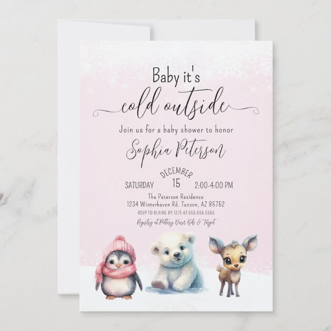 Cute Animals Winter Baby Girl Shower Invitation (Front)