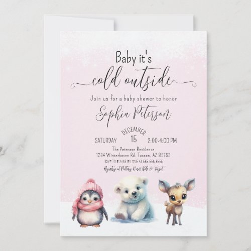 Cute Animals Winter Baby Girl Shower Invitation