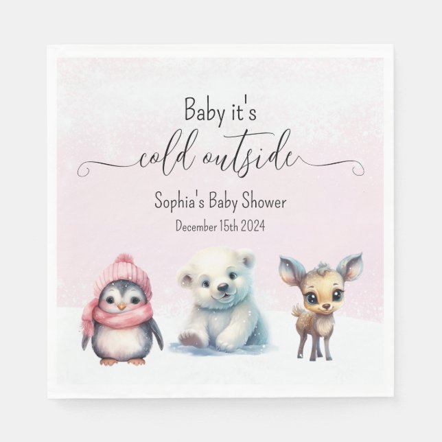 Cute Animals Winter Baby Girl Shower Napkins (Front)