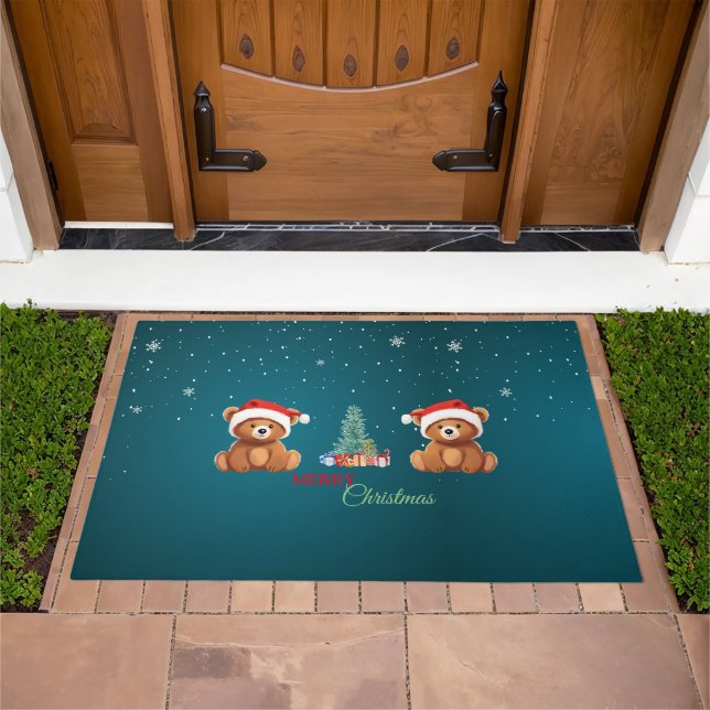 Cute animals winter Bear Santa Christmas tree Doormat (Outdoor)