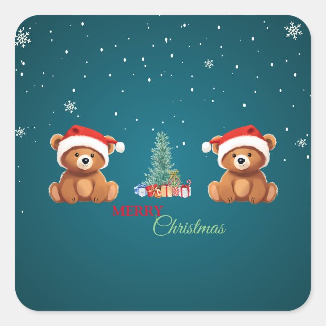 Cute animals winter Bear Santa Christmas tree Square Sticker (Front)