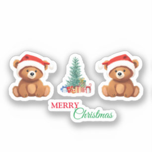 Cute animals winter Bear Santa Christmas tree Sticker