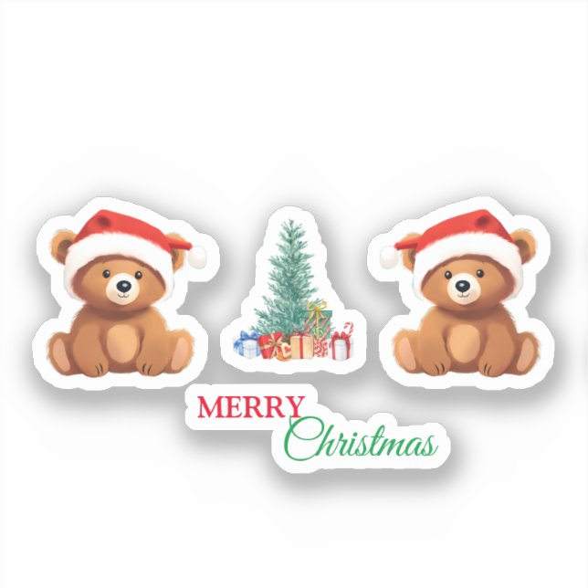 Cute animals winter Bear Santa Christmas tree Sticker (Front)