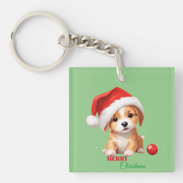 Cute animals winter puppy Dog Santa Christmas  Keychain (Front)